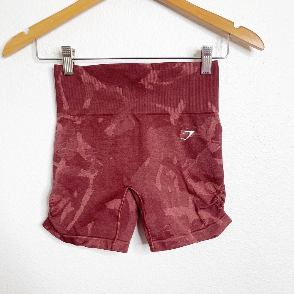 Gymshark Adapt Camo‎ Seamless Shorts Burgundy Red Ruched High Waist Small